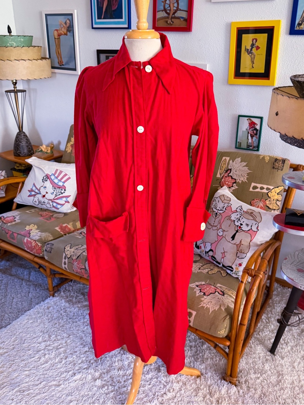 Vintage 1940s Dress I Shirtdress | Robe | Red | Flannel | L | 40s